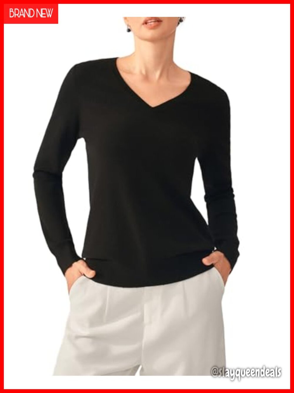 100% Cashmere V Neck Sweater Long Sleeve Pullover